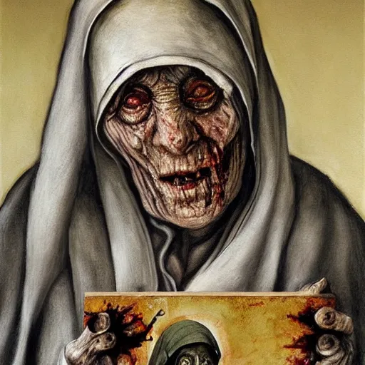 Image similar to a hyperrealistic painting of mother theresa as a zombie, holding a crucifix, by santiago caruso, highly detailed, sharp focus,