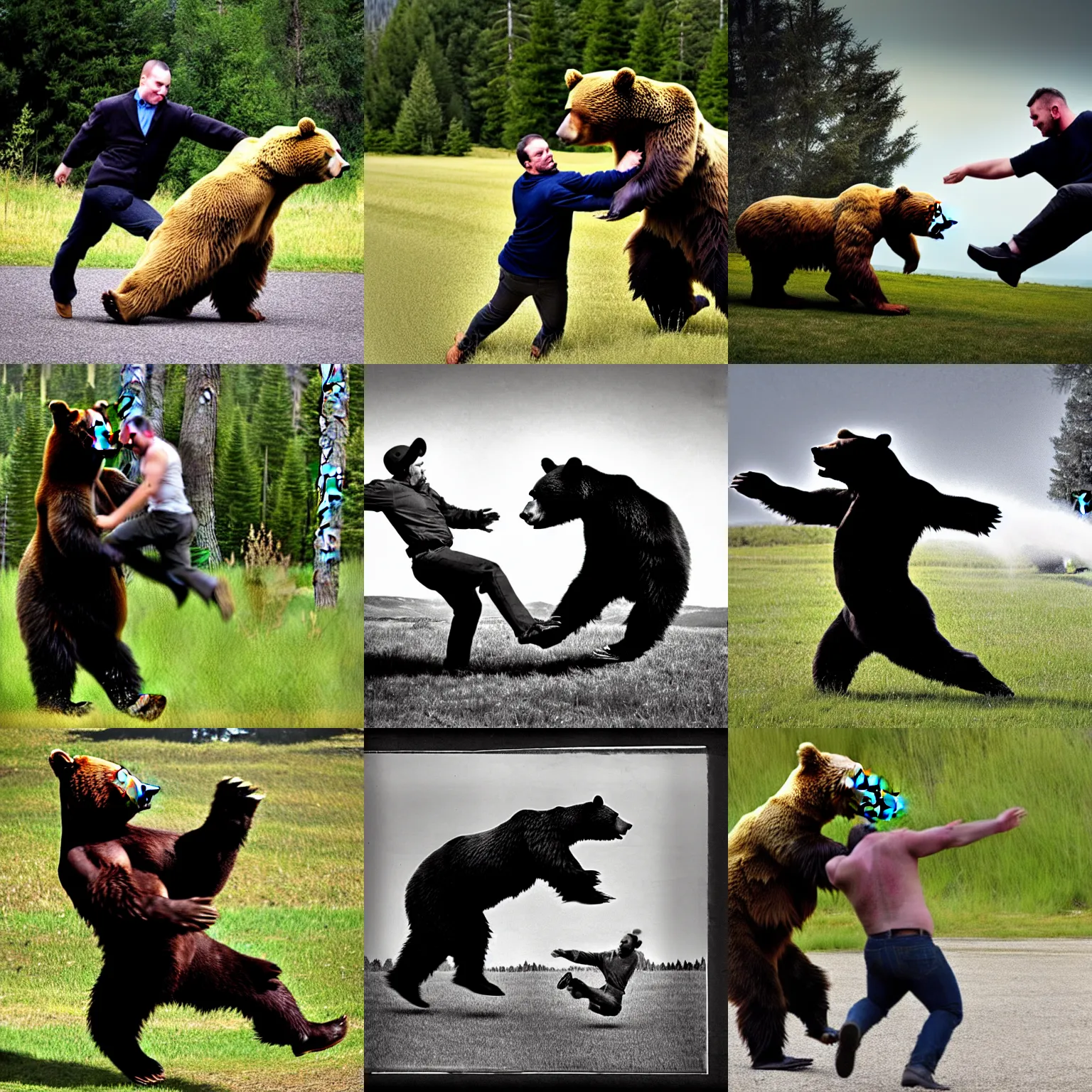 Image similar to photo, A man kicking a bear.