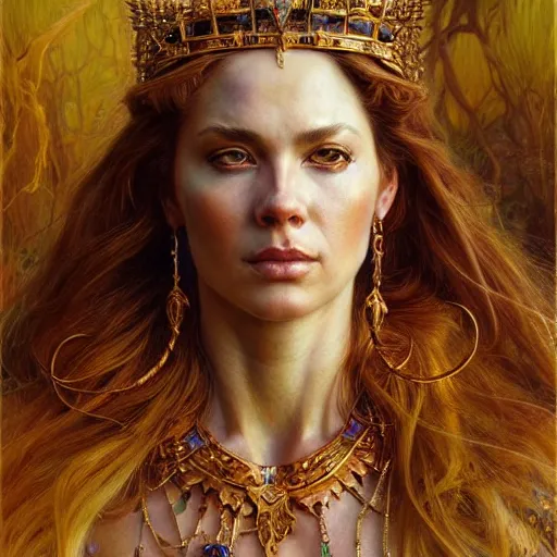Prompt: highly detailed full portrait of a majestic lioness queen in the form of a beautiful woman. d & d, art by donato giancola and ruan jia and carl larsson and magali villeneuve. trending on artstation, intricate details, energetic composition, golden ratio, concept art, illustration, elegant art