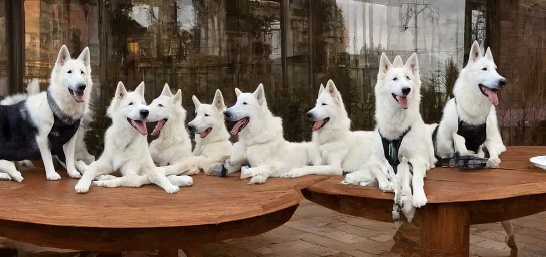 Image similar to 7 white shepherd dogs sitting around a table