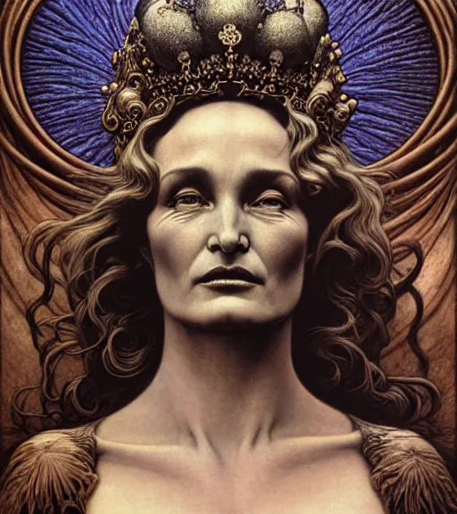 Image similar to detailed realistic beautiful young jessica lange as queen of mars face portrait by jean delville, gustave dore and marco mazzoni, art nouveau, symbolist, visionary, gothic, pre - raphaelite. horizontal symmetry by zdzisław beksinski, iris van herpen, raymond swanland and alphonse mucha. highly detailed, hyper - real, beautiful