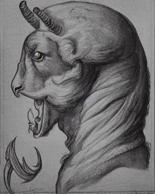 Image similar to a creature with the body and eyes of a man, with the beak of an eagle, the mane of a lion, and the horns of an ox. drawn by da vinci