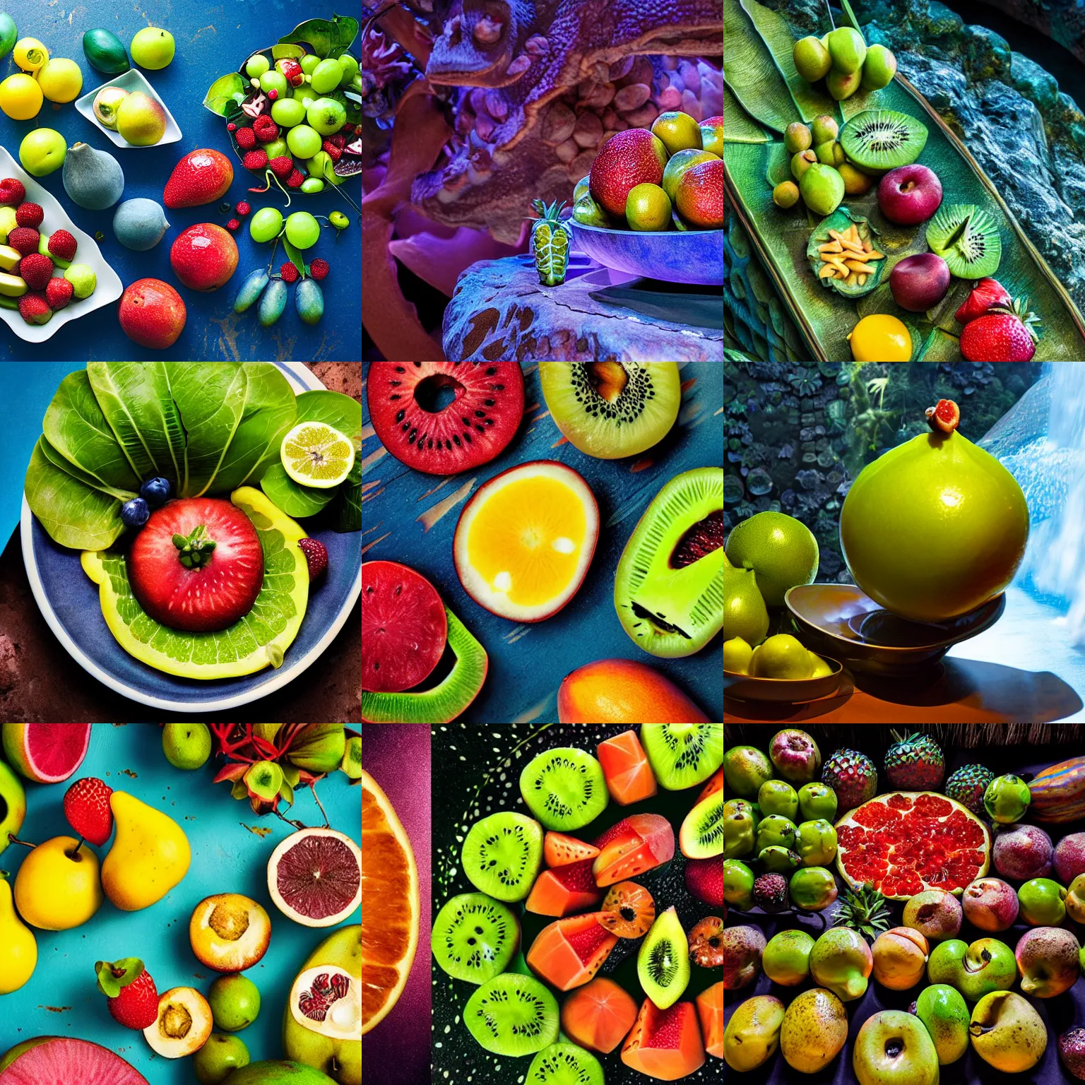 Prompt: mouthwatering food photography of fruit from planet pandora, avatar, james cameron
