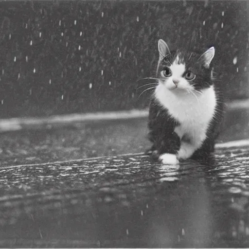 Prompt: vintage photo small cat wet in the rain, in a city, 35mm long telephoto lens, Ansel Adams