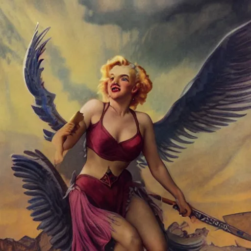 Image similar to an extremely detailed matte painting marilyn monroe as a terrifying valkyrie descending from valhalla on a pegasus, in the style of magic the gathering, 8 k, sharp focus, detailed face, art by john collier and albert aublet and krenz cushart and artem demura and alphonse mucha