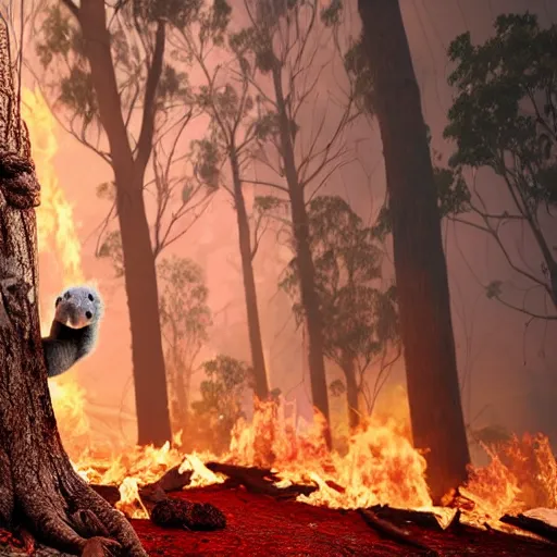 Image similar to Prime Minister Scott Morrison in front of a forest fire, not holding a hose, smoke, , cinematic, hyper realism, high detail, vivid colors, octane render, unreal engine, 8k, koala bear in tree