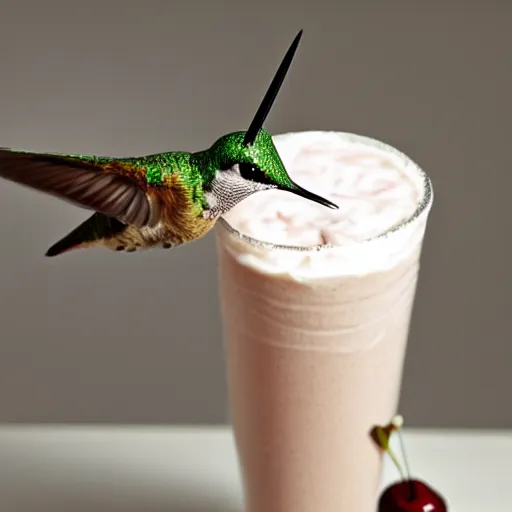 Image similar to photograph, a hummingbird drinking a milkshake from a straw, cherry on top