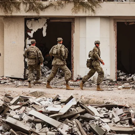 Prompt: American soldiers entering the ruins of an apartment, cinematic, professional photography, low-angle, behance