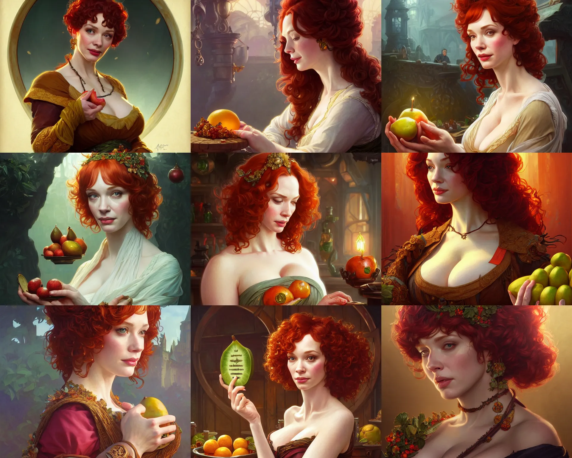 Prompt: christina hendricks as a fruit merchant, deep focus, d & d, fantasy, intricate, elegant, highly detailed, digital painting, artstation, concept art, matte, sharp focus, illustration, hearthstone, art by artgerm and greg rutkowski and alphonse mucha