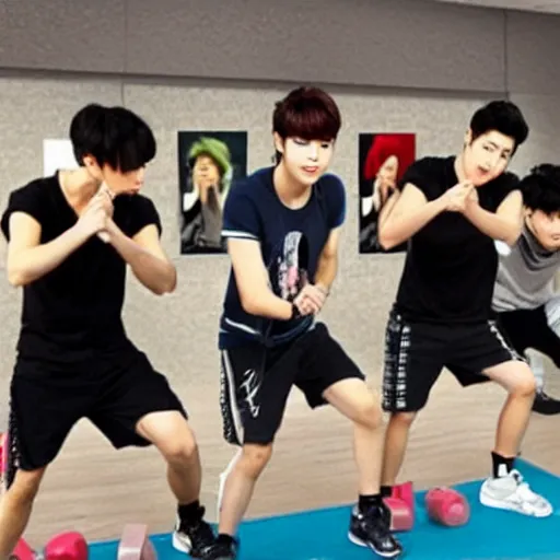 Prompt: the k-pop band EXO working out in the gym together, photo-realistic, highly detailed