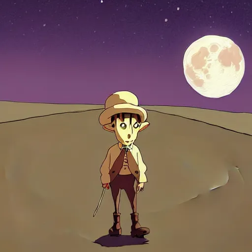 Image similar to a study of cell shaded cartoon of a goblin from howl's moving castle ( 2 0 0 4 ) on a desert road, in front of a big moon, full body, wide shot, very muted colors, post grunge, studio ghibli, laurie greasley, highly detailed, deviantart, art by artgem