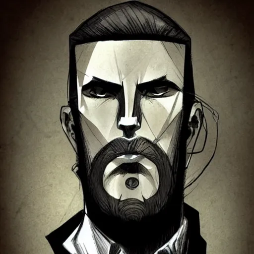 Prompt: very attractive man with beard, strong masculine features, slim, short hair, 35 years old, one android eye, sophisticated clothing with some steampunk elements, gesture dynamic, organic, appealing, book cover, deep shadows, by Dave McKean sketch lineart for character design