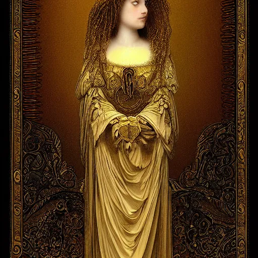 Image similar to a beautiful girl made of ivory and gold, highly intricate, digital art, very detailed, in the style of a weird and dark art noveau flemish painting, by gustave doré