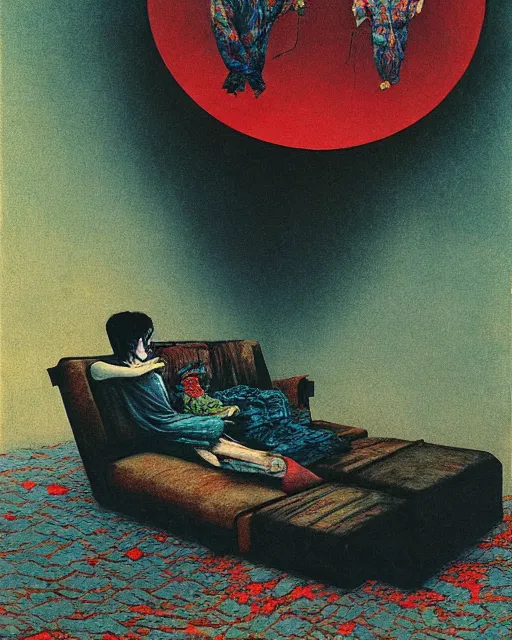 Prompt: early color photo of an old dead couple sitting on a couch in an old soviet apartment and looking at the scared enlightened boy flying up in sky, Beksinski impasto painting, part by Adrian Ghenie and Gerhard Richter. art by Takato Yamamoto, masterpiece