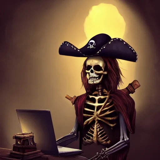 Image similar to a pirate skeleton with a pirate hat sitting in front of a laptop programming, dark room, light coming from crt monitor, highly detailed, intricate, digital art, trending on artstation, trending on cgsociety
