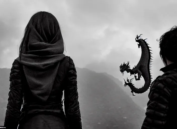 Image similar to scared female rogue who came only to look at the real dragon, symmetrical, cinematic, real photography