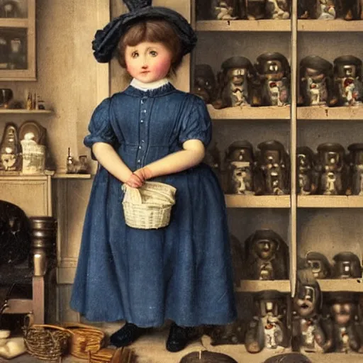 Prompt: close up portrait of a victorian human child standing in a doll maker's shop looking at all of the dolls, 8 k, soft lighting, highly detailed realistic, face in focus 1 8 9 0's