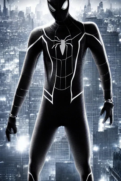Prompt: metallic reflective silver and black spider-man, character poster, dramatic lighting, atmospheric dust, intense lens flare, hazy city backdrop