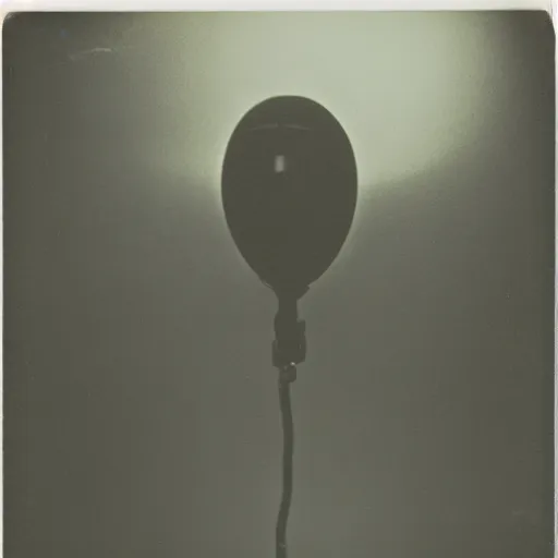 Image similar to old polaroid depicting a small spheric metallic alien probe, hovering at a clearing