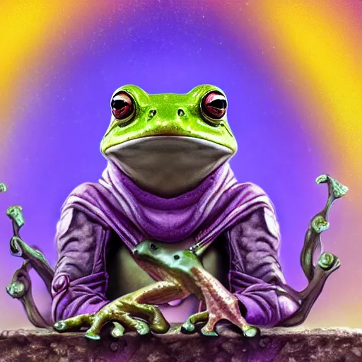 Image similar to A professional digital portrait painting of a frog wizard, painted in the style Arcane, 4k, digital art, trending on cgsociety, highly detailed, upper body shot, shallow depth of field, purple and yellow lighting, professional lighting, airbrush