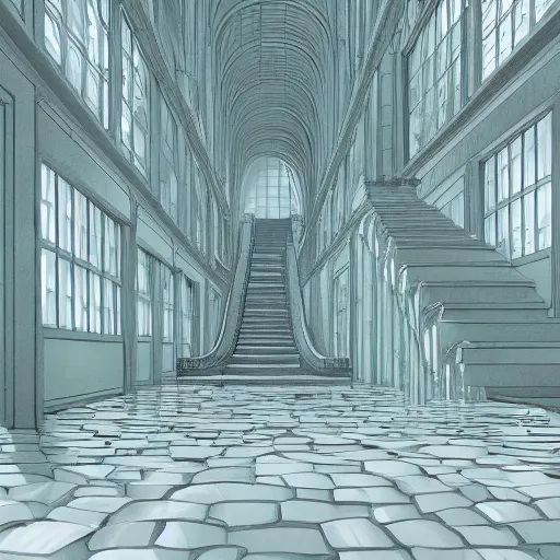 Image similar to a flood of slime in a bright white hallway with many doors and many stairs, Mc Escher architecture, epic composition, by Makoto Shinkai