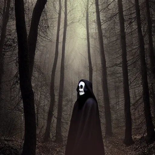 Image similar to portrait of a man in a long flowing hooded cloak and a skull mask on a path of a dark forest, ray traced lighting by Gerald Brom and Norman Rockwell