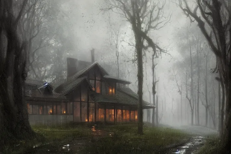 Image similar to a dark, mossy, gloomy, rainy ( ( ( ( road ) ) ) ) surrounded by woodland trees, leading to a beautiful, radiant house!!!!, illustrated by greg rutkowski and gaston bussiere, cgsociety contest winner, trending on artstation, intricately defined, complexly detailed, gloomy, rainy atmosphere, 4 k