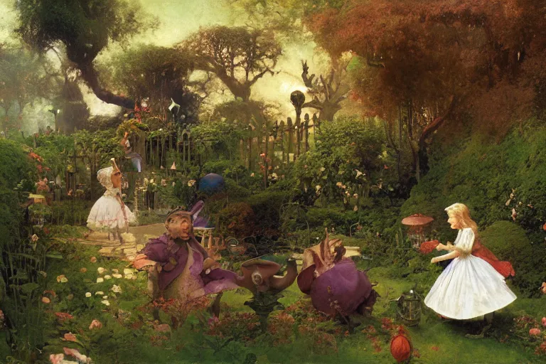 Prompt: alice in wonderland in the garden, john tenniel, normal rockwell, craig mullins, david curtis, carl spitzweg, morgan weistling, chris foss