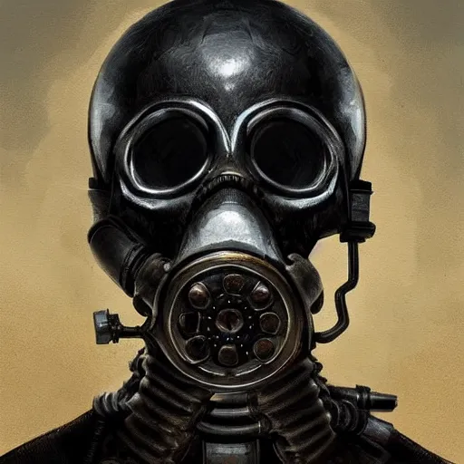 Prompt: a portrait painting of a skull wearing a gasmask, digital painting, hyper realistic, very detailed, in the style of greg rutkowski,