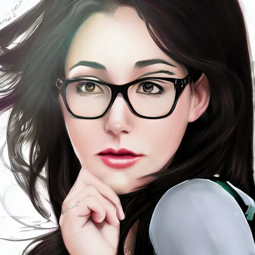Prompt: romance novelist, brunette, pretty but not too pretty, in her 30s, wearing glasses, digital art in the style of artgerm and WLOP