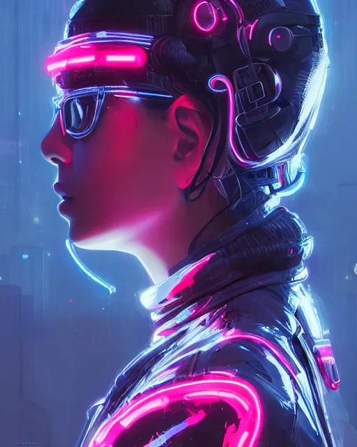 Image similar to detailed side profile portrait Neon Operator Girl, cyberpunk futuristic neon, reflective puffy coat, decorated with traditional Japanese ornaments by Ismail inceoglu dragan bibin hans thoma greg rutkowski Alexandros Pyromallis Nekro Rene Maritte Illustrated, Perfect face, fine details, realistic shaded, fine-face, pretty face