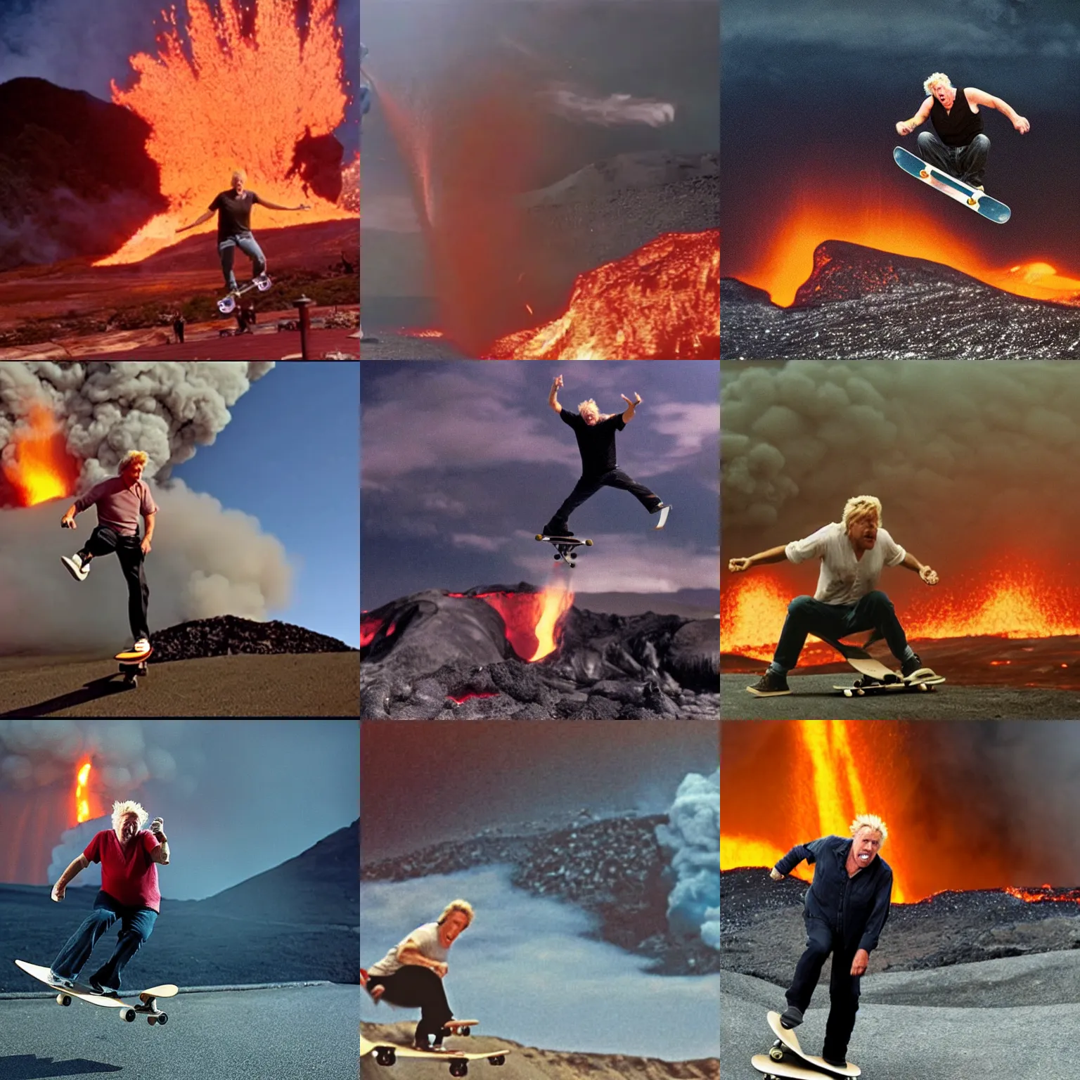 Prompt: gary busey doing a sweet skateboard trick into a volcano full of lava, movie still, an explosion is in the background
