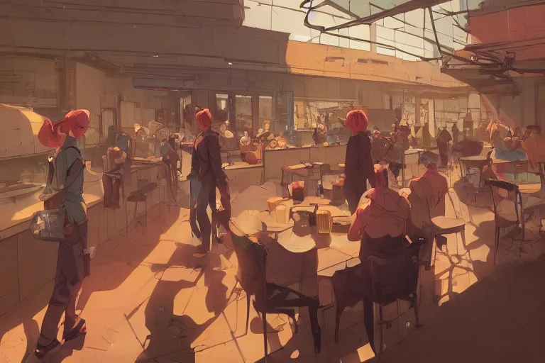 Image similar to a worried person in a crowded busy dystopian cafeteria interior behance hd artstation by jesper ejsing, by rhads, makoto shinkai and lois van baarle, ilya kuvshinov, ossdraws, that looks like it is from borderlands and by feng zhu and loish and laurie greasley, victo ngai, andreas rocha