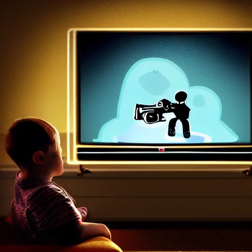 Image similar to High quality digital illustration of a kid seen from back playing videogames on a dark bedroom. The kid is in front of a vintage TV playing with the videoconsole, and the TV glows the entire room. There is a storm that can be seen in the window that is placed on his right