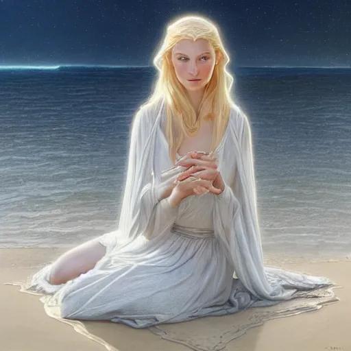 Prompt: painting of galadriel relaxing on the beach, lord of the rings, ultra realistic, concept art, intricate details, eerie, highly detailed, photorealistic, octane render, 8 k, unreal engine. art by artgerm and greg rutkowski and alphonse mucha