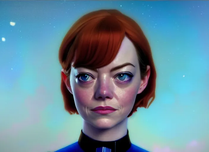 Image similar to a disney film still of emma stone as a star trek officer, finely detailed features, closeup of the face, perfect art, dusk, blue hour, gapmoe yandere grimdark, trending on pixiv fanbox, painted by greg rutkowski, makoto shinkai, takashi takeuchi, alphonse mucha, akihiko yoshida