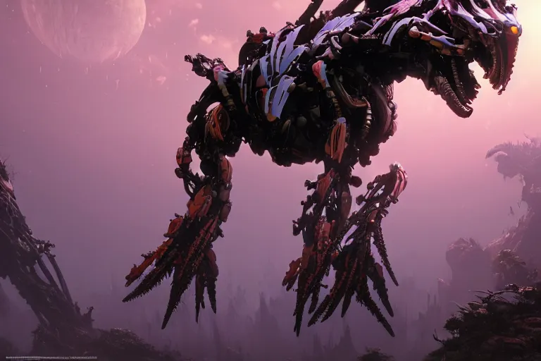 Image similar to wide epic shot. a hyper detailed bristleback evangelion realistic mechanical and organic creature similar look as horizon forbidden west horizon zero dawn, bioluminiscence in a dark deep forest at dawn in spring, with reflection and textures, by kilian eng, substance painter reaslitic mech surface metal painted scratches, world env from horizon forbidden west horizon zero dawn