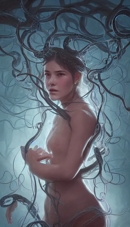 Image similar to very detailed portrait of a 2 0 years old girl surrounded by tentacles, the youg woman visage is blooming from fractal and vines, by greg rutkowski