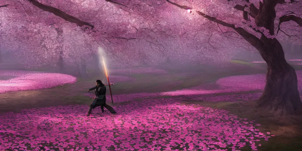 Prompt: a high definition photo of a ronin slashing his sword gracefully in a forest of cherry blossoms as pink petals surround him, artstation, extremely detailed man, stunning volumetric lighting, hyper realism, fantasy 4k