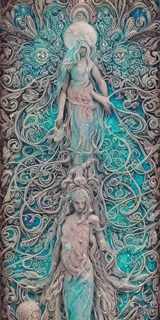 Prompt: intricate colourfully painted carved Soapstone relief paneling, white and pale blue , celestial, cosmos, galaxies, planets, divinity, moon goddess, mother earth, Earth Goddess mythology, Gaia, angels, dream atmosphere, Ghostly, crystaline celtic, insanly detailed , artstation, wallpaper, hyper realistic, realistic lighting