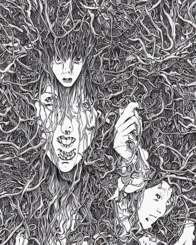 Prompt: portrait of a nightmare queen, by shintaro kago, highly detailed, realistically rendered, textured, cinematic lighting