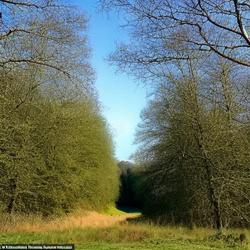 Image similar to at the dam there was a field, with a path running through it, and the sky was a pale blue with no clouds, and the trees stood silent in their verdure