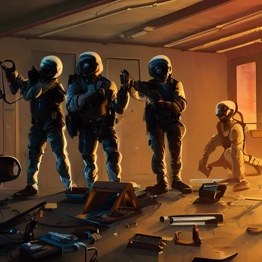 Image similar to K9 squad breaking into a meth lab, futuristic, wide shot, dim colors, ambient lighting, dynamic lighting, cyperpunk art, trending on artstation, 4K, HQ