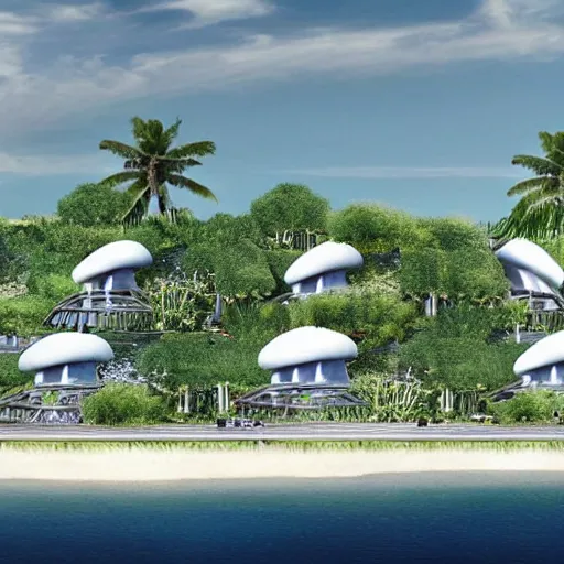 Prompt: architectural renderings, a seaside visitor center consisting of three mushroom - shaped buildings on the blue sea with tall coconut trees ， detailed