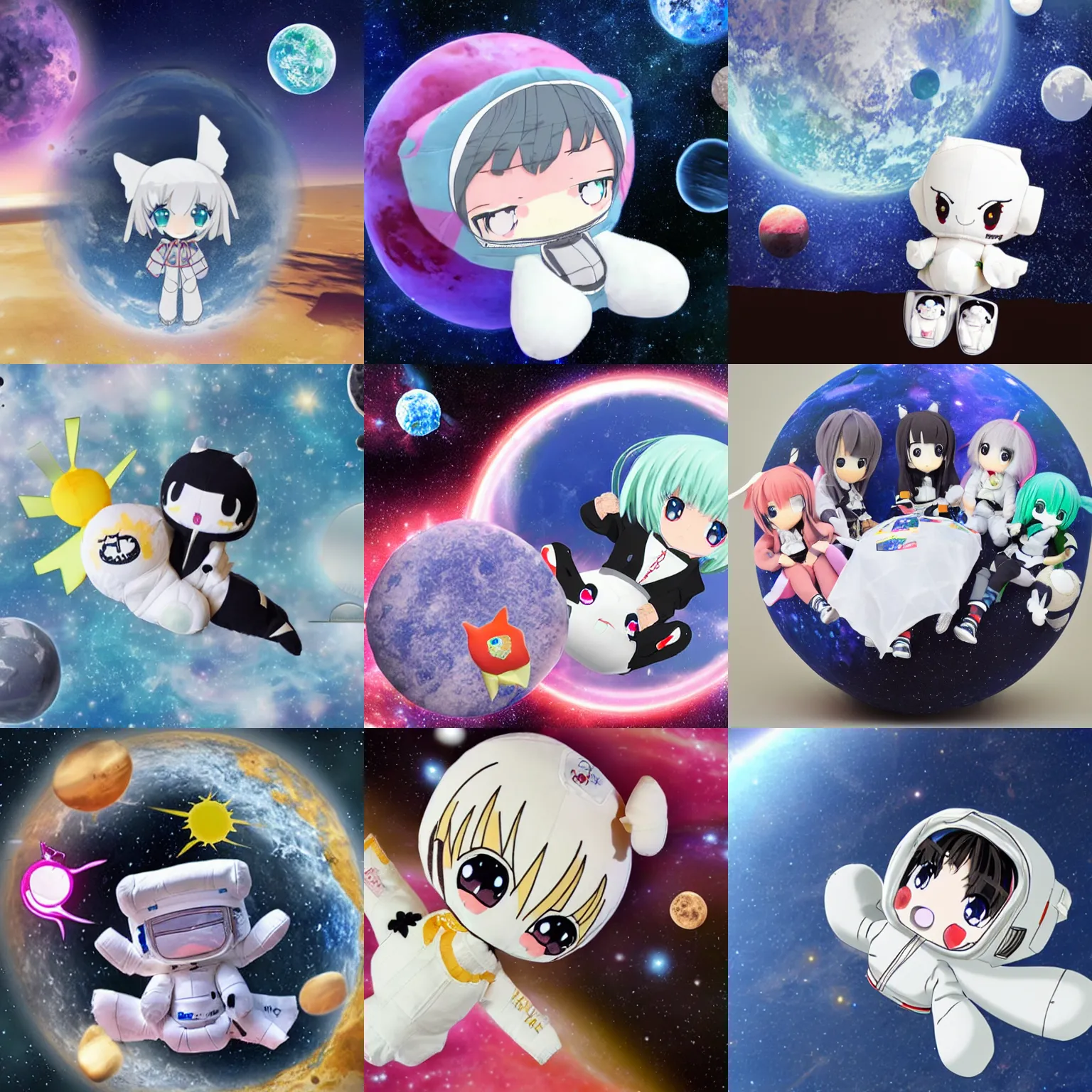 Prompt: anime fumo plushie on solar orbit landing on asteroid