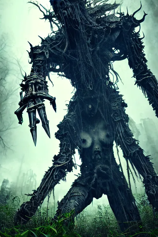 Image similar to post - gothic giant creepy banshee, exoskeleton armor, attacking with axe, dystopian ruins covered in vegetation, highly detailed smooth digital art masterpiece, vitaly bulgarov giger dramatic dark blue light, ground angle hd 8 k, sharp focus