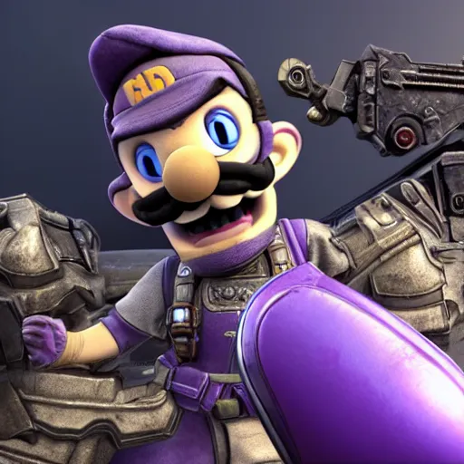 Image similar to Waluigi in Gears of War, 3d render, Unreal Engine, octane render, ray tracing, Unity, highly detailed, high quality, HD, 4k, 8k, realistic, sharp, trending
