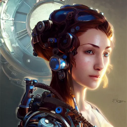 Prompt: cyborg girl, clockwork, springs, pistons, gears, wind - up parts, steampunk,, detailed study, realism, 1 6 f, focus on the girl, cute face, art by artgerm and greg rutkowski and alphonse mucha gabrielle rossetti
