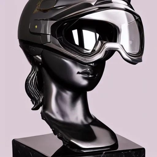 Image similar to photo of a glossy black marble statue of a girl with colorful motocross logos and motorcycle helmet with reflective mirrored visor, carved marble statue, fine art, in the style of virgil abloh, 8 k, 4 k, detailed, realistic, beautiful, symmetrical