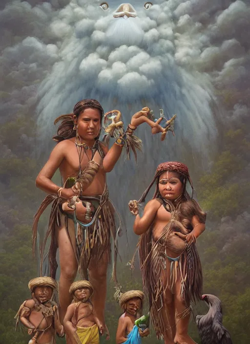 Image similar to faces of indigenous amazonian grandfathers and grandmothers spirits in the clouds, smiling, protection, benevolence, ancestors, detailed faces, art by christophe vacher